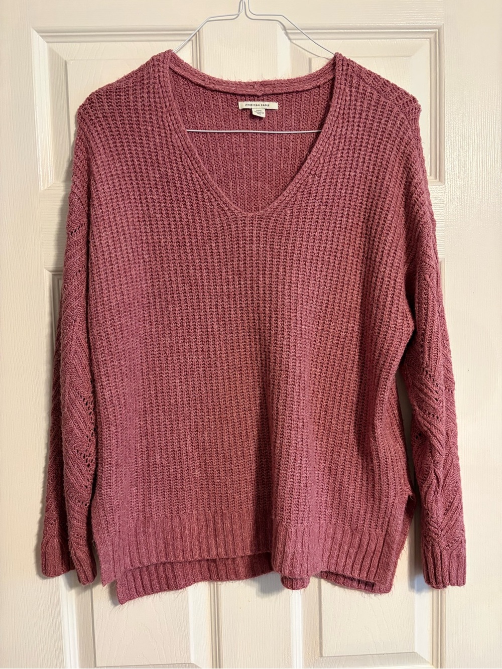 American Eagle Women’s Small Mauve V Neck Pointelle Knit Oversized Sweater